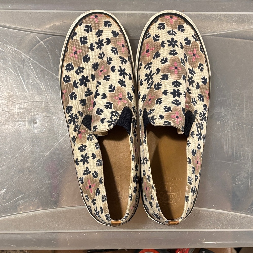 Tory Burch Canvas Floral Slip ons - Pink and Navy